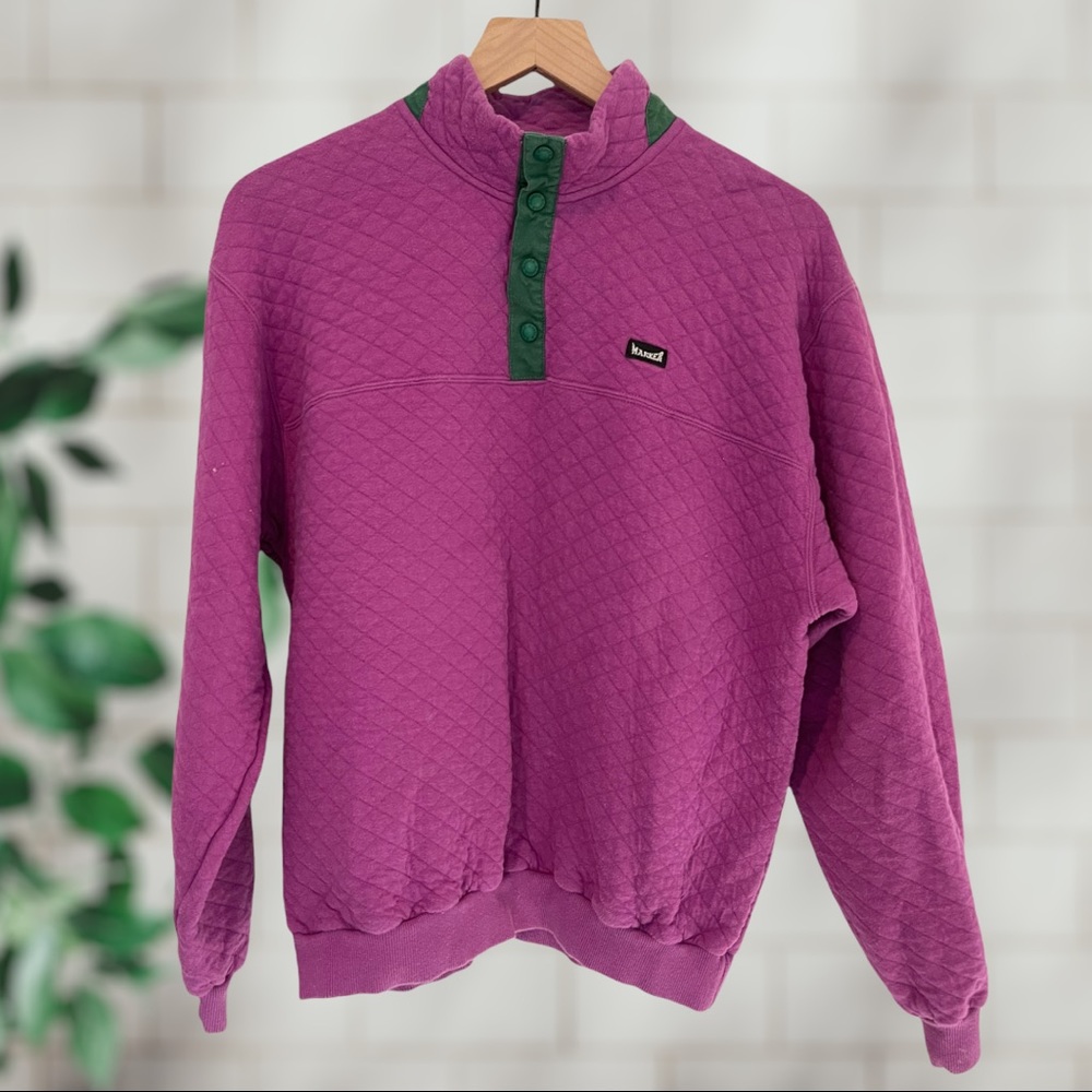 Vintage 90s Marker Quilted 3/4 Snap Pullover Sweatshirt Purple and Green Size M